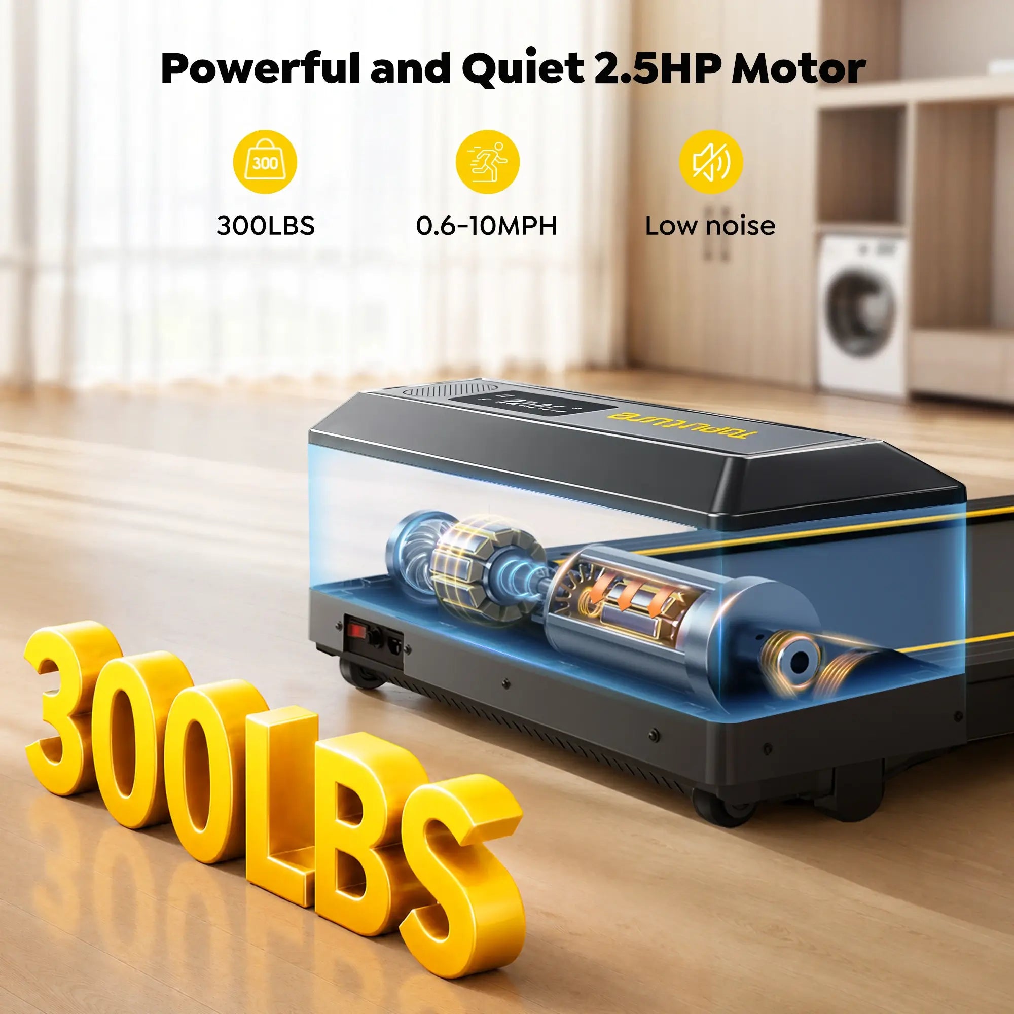 Toputure TP5 treadmill with a powerful, quiet 2.5 HP motor, 300 lb weight capacity, and speeds from 0.6 to 10 MPH for home workouts.