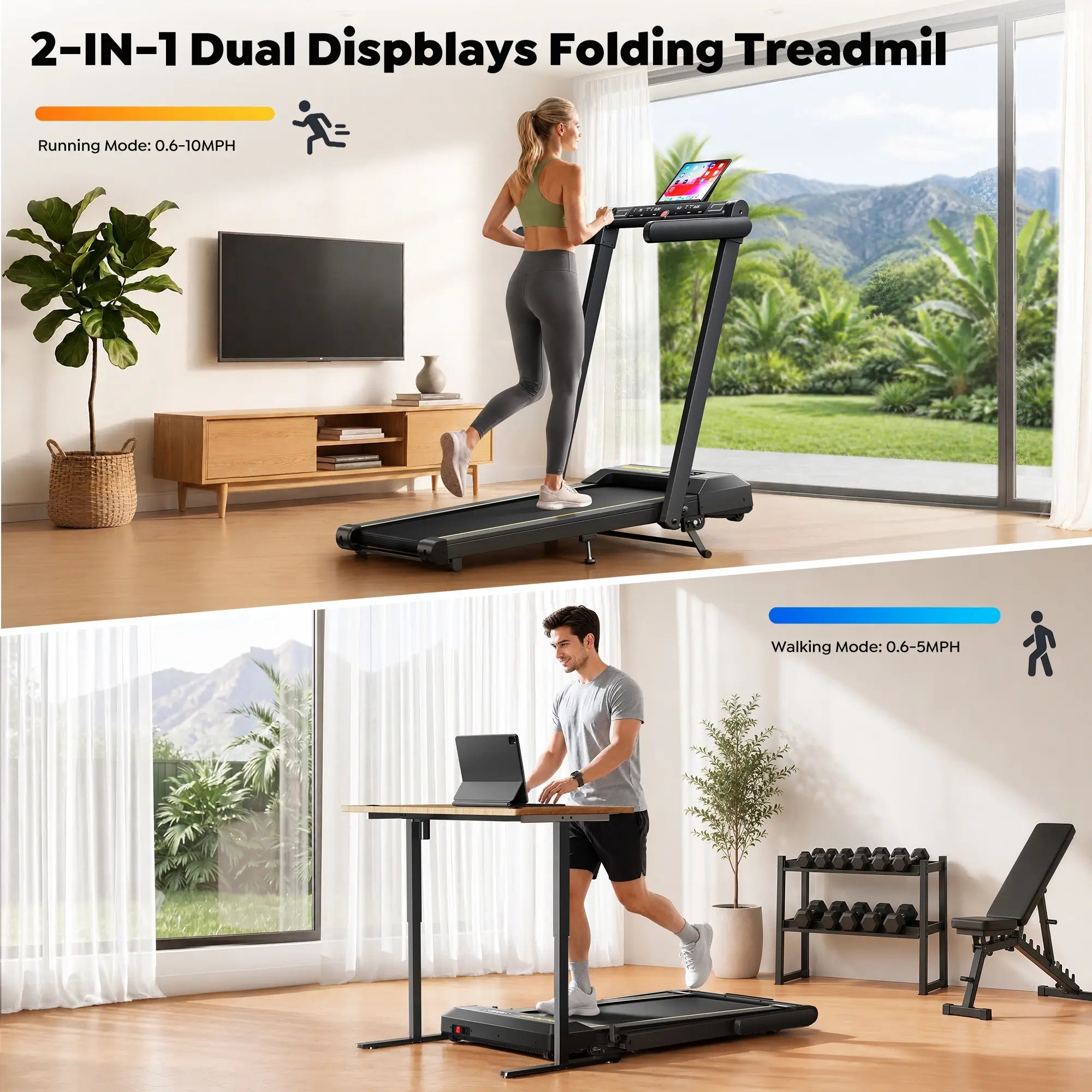 Toputure TP5 2-in-1 folding treadmill with dual displays, showing running mode up to 10 MPH and an under-desk walking mode up to 5 MPH.