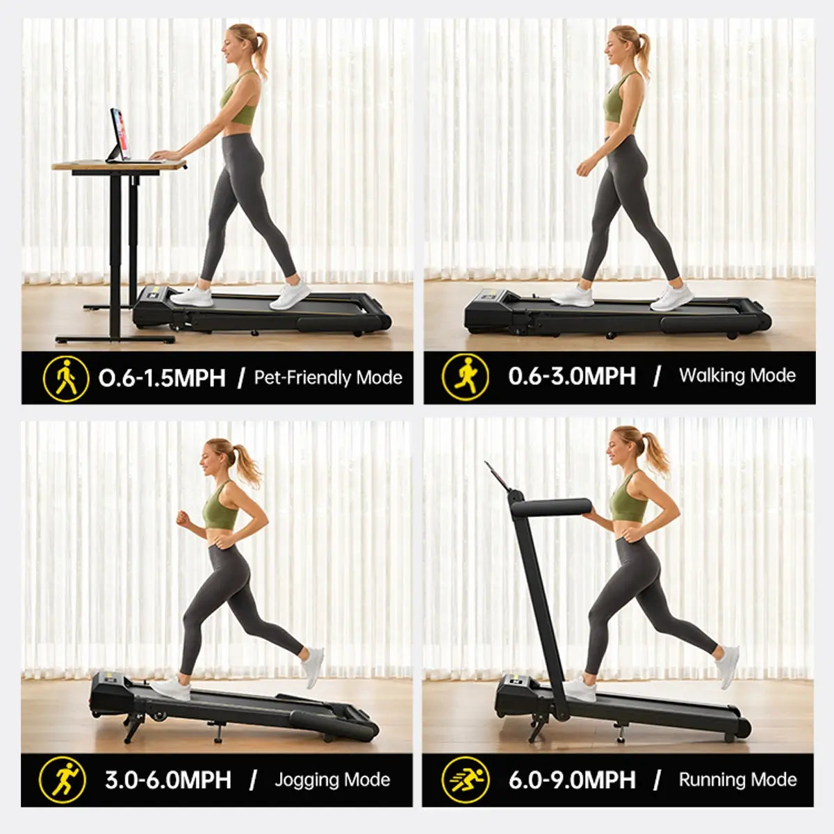 Toputure TP5 foldable treadmill with four workout modes, including pet-friendly walking, walking, jogging, and running for versatile home fitness.