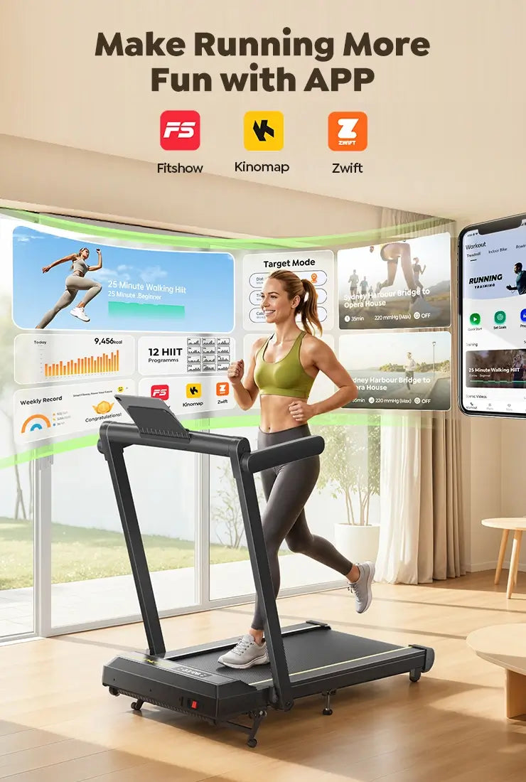 Toputure TP5 foldable treadmill compatible with FitShow, Kinomap, and Zwift for interactive home workouts.