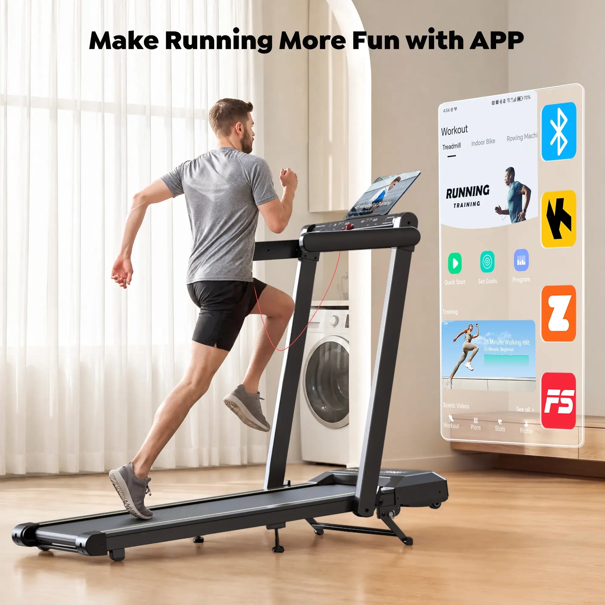 Toputure TP5 home treadmill supports Bluetooth connectivity with FitShow, Kinomap, and Zwift for immersive training.