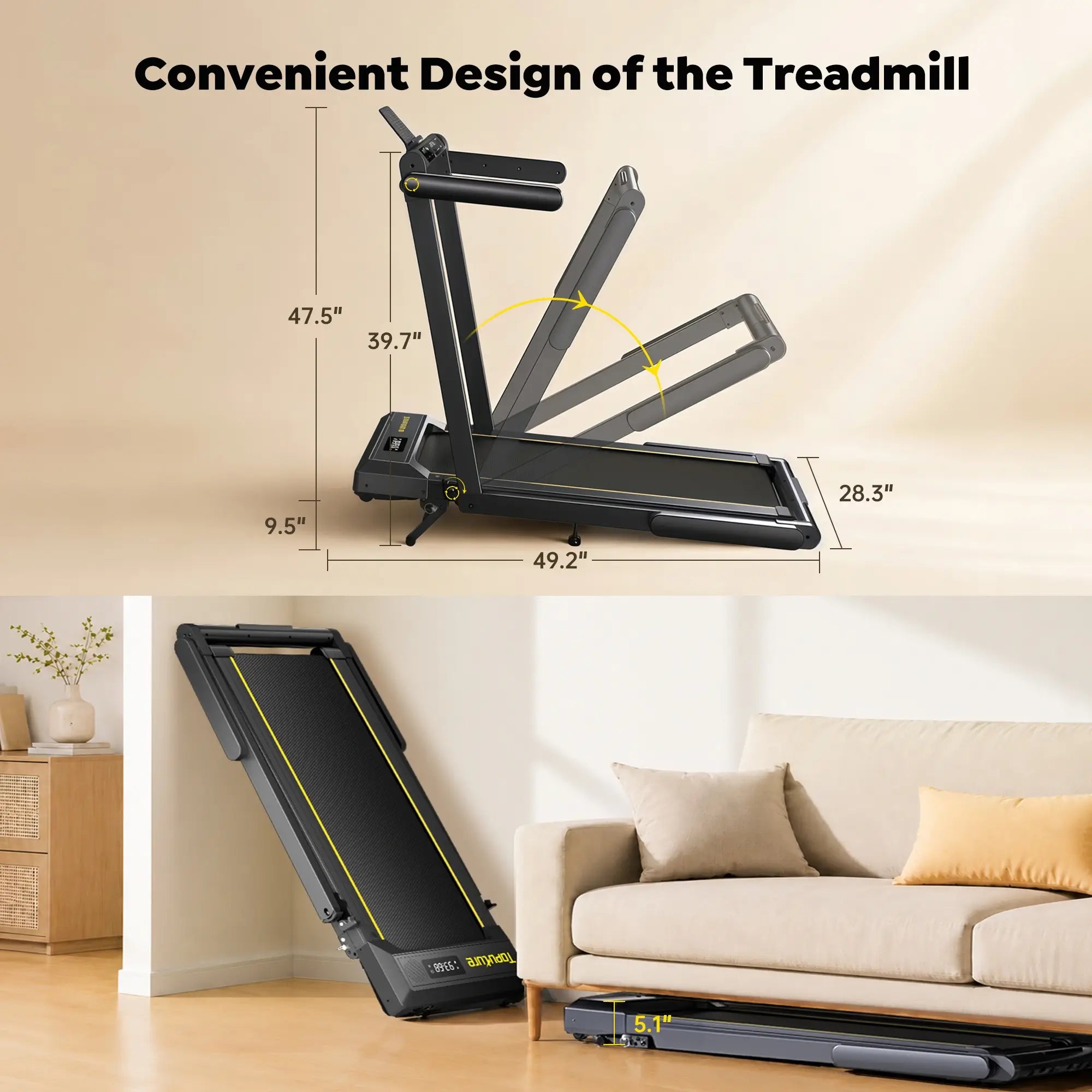 Toputure TP5 2-in-1 foldable treadmill with dimensions, showing its space-saving design folding down to 5.1 inches under a sofa.