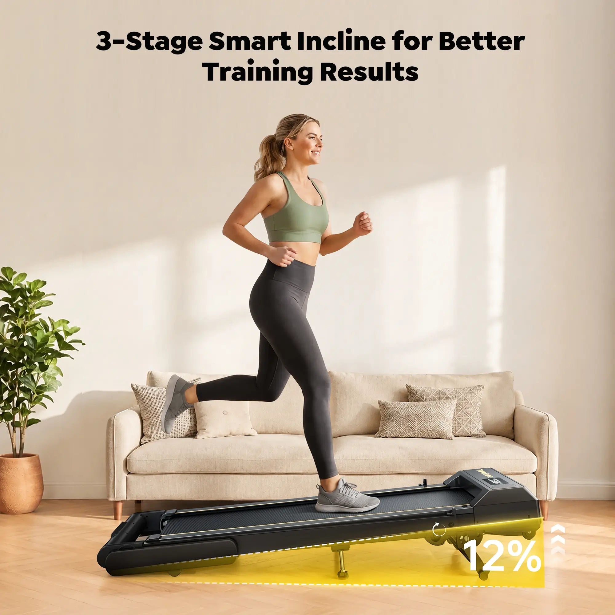 Toputure TP5 treadmill with 3-stage smart incline up to 12% for better training results during a home workout.