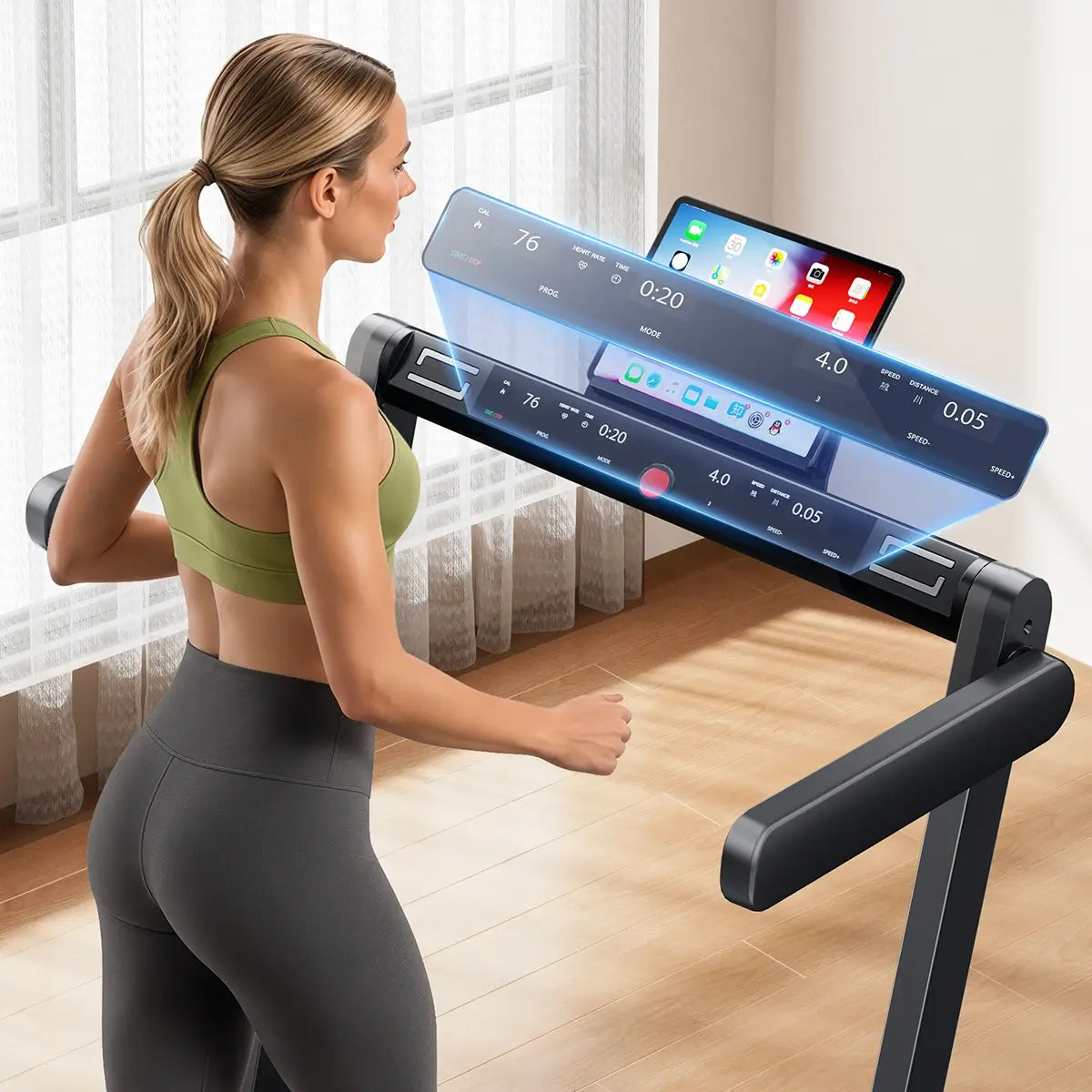 Toputure TP5 foldable treadmill with LED display, heart rate monitor, and tablet holder for real-time workout tracking.