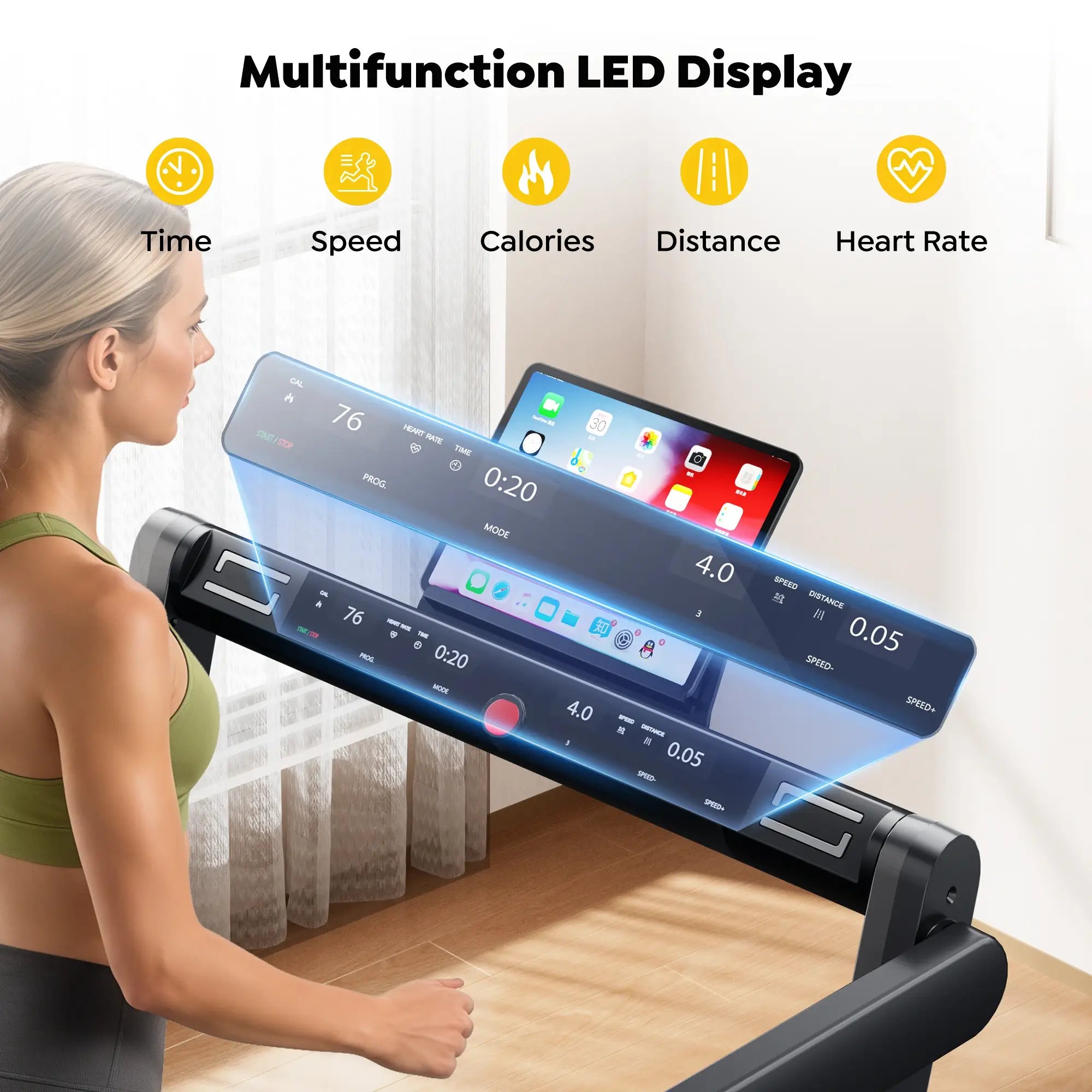 Toputure TP5 treadmill with a multifunction LED display showing time, speed, calories, distance, and heart rate during home workouts.