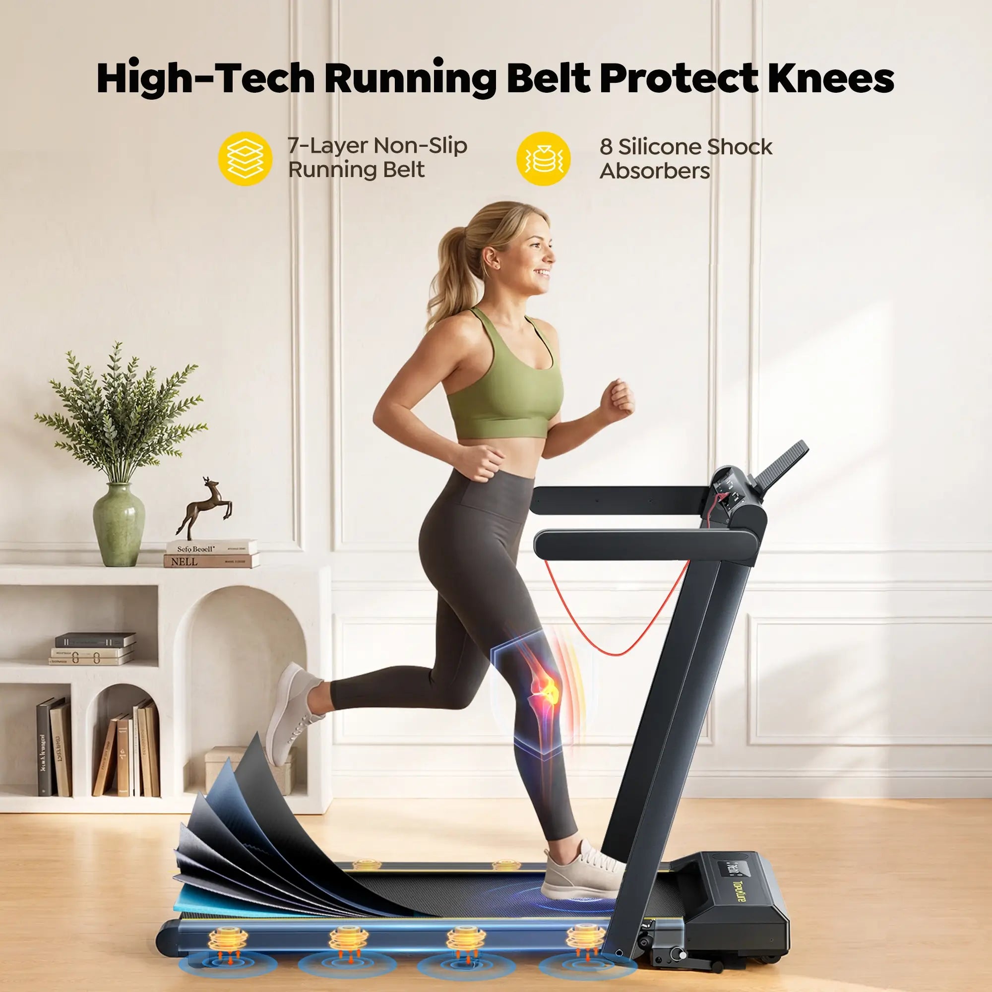 Toputure TP5 treadmill features a 7-layer non-slip running belt and 8 silicone shock absorbers to reduce impact and protect knees during home workouts.
