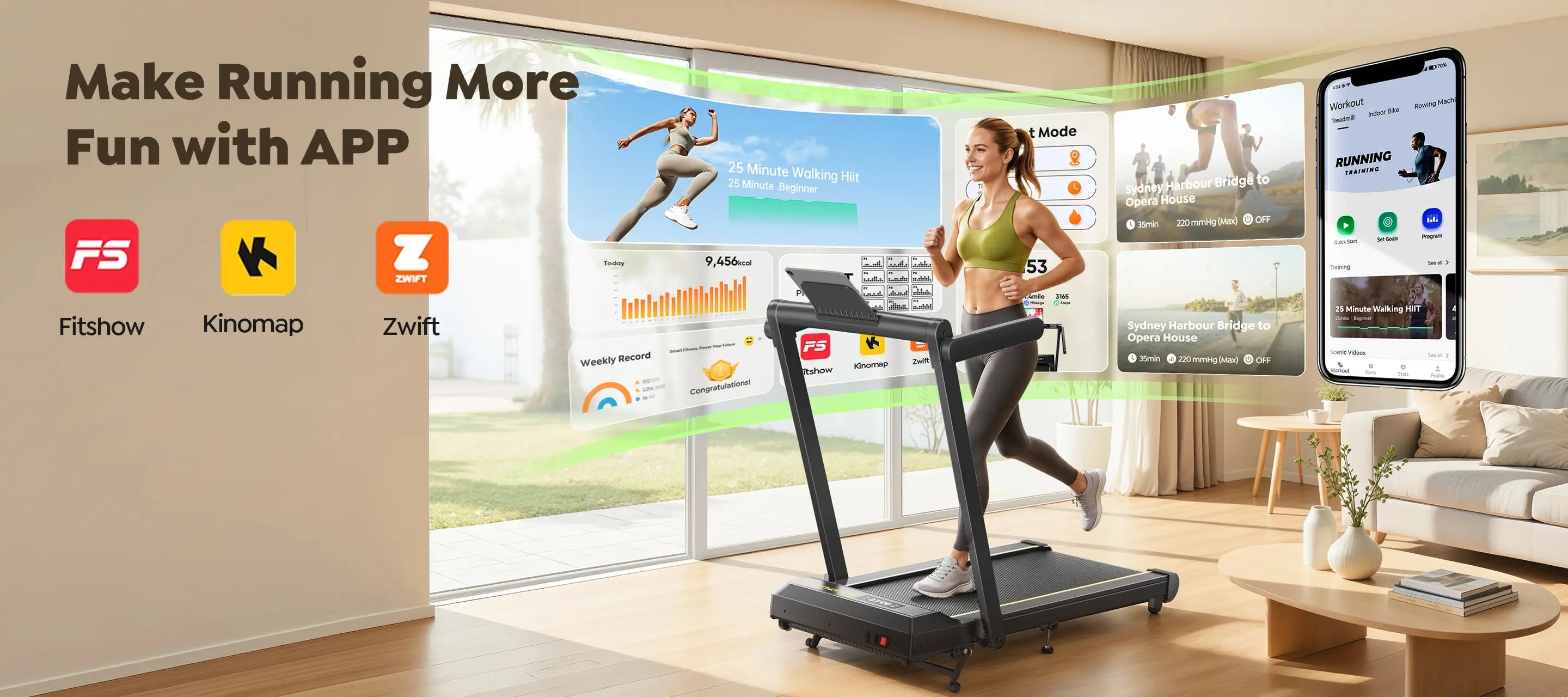 Toputure TP5 smart foldable treadmill with app connectivity, supporting FitShow, Zwift, and Kinomap for immersive indoor running.
