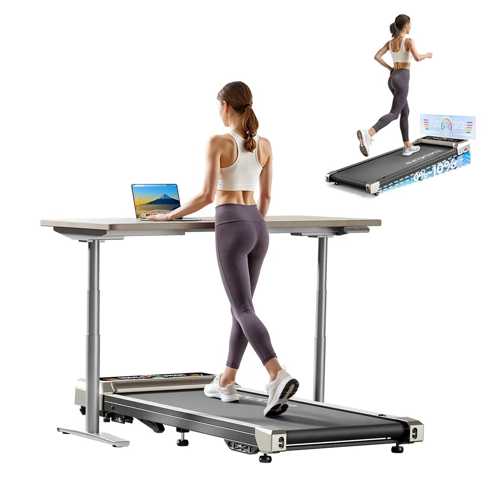 A woman running smoothly on the TP8 treadmill, experiencing powerful performance, quiet operation, and personalized comfort with every step.