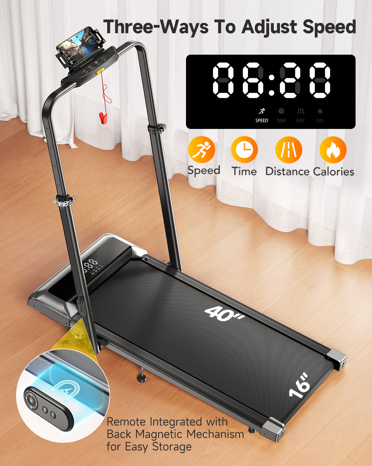 TP6 smart treadmill controlled three ways: remote, mobile app, and integrated touchscreen display panel. 