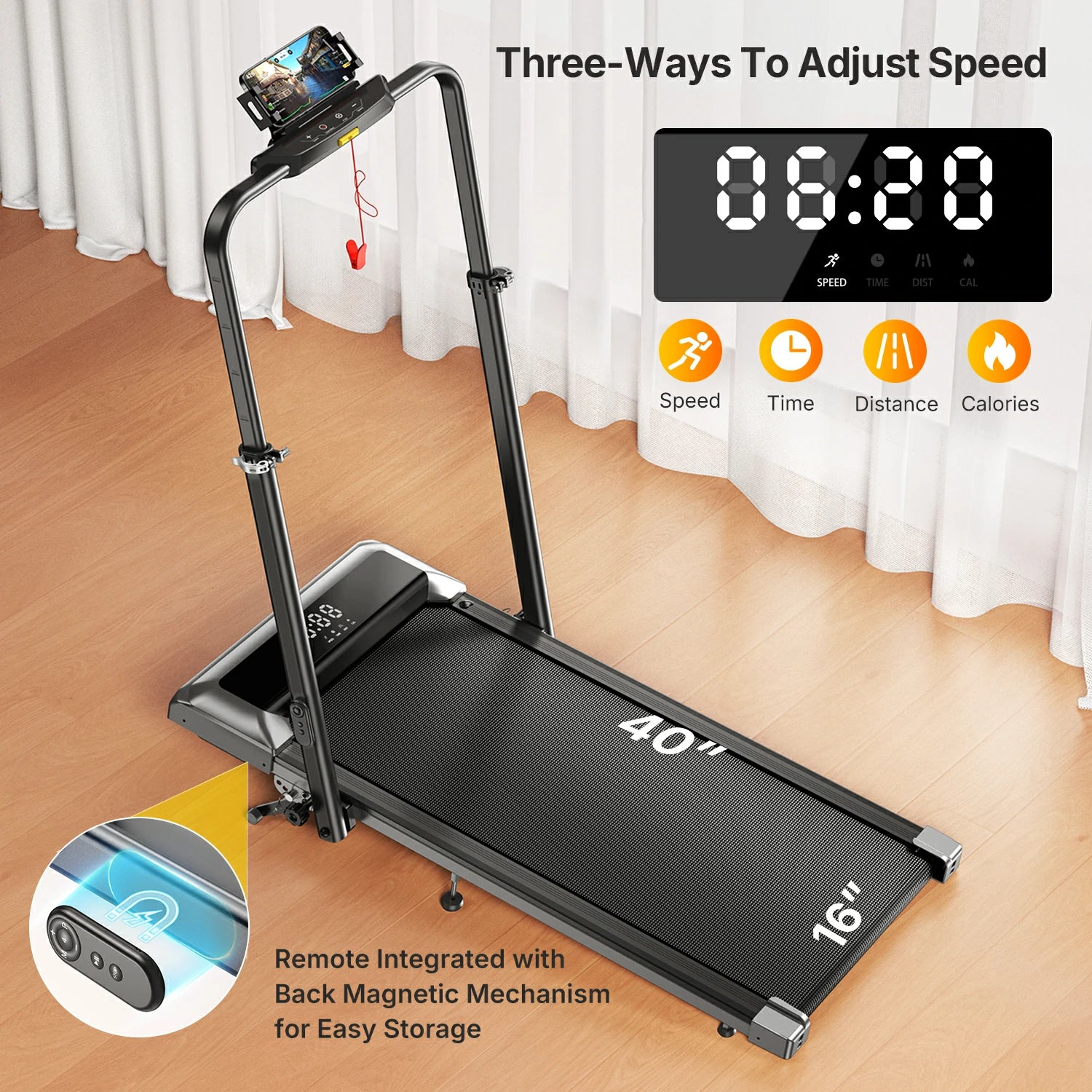 TP6 smart treadmill controlled three ways: remote, mobile app, and integrated touchscreen display panel. 